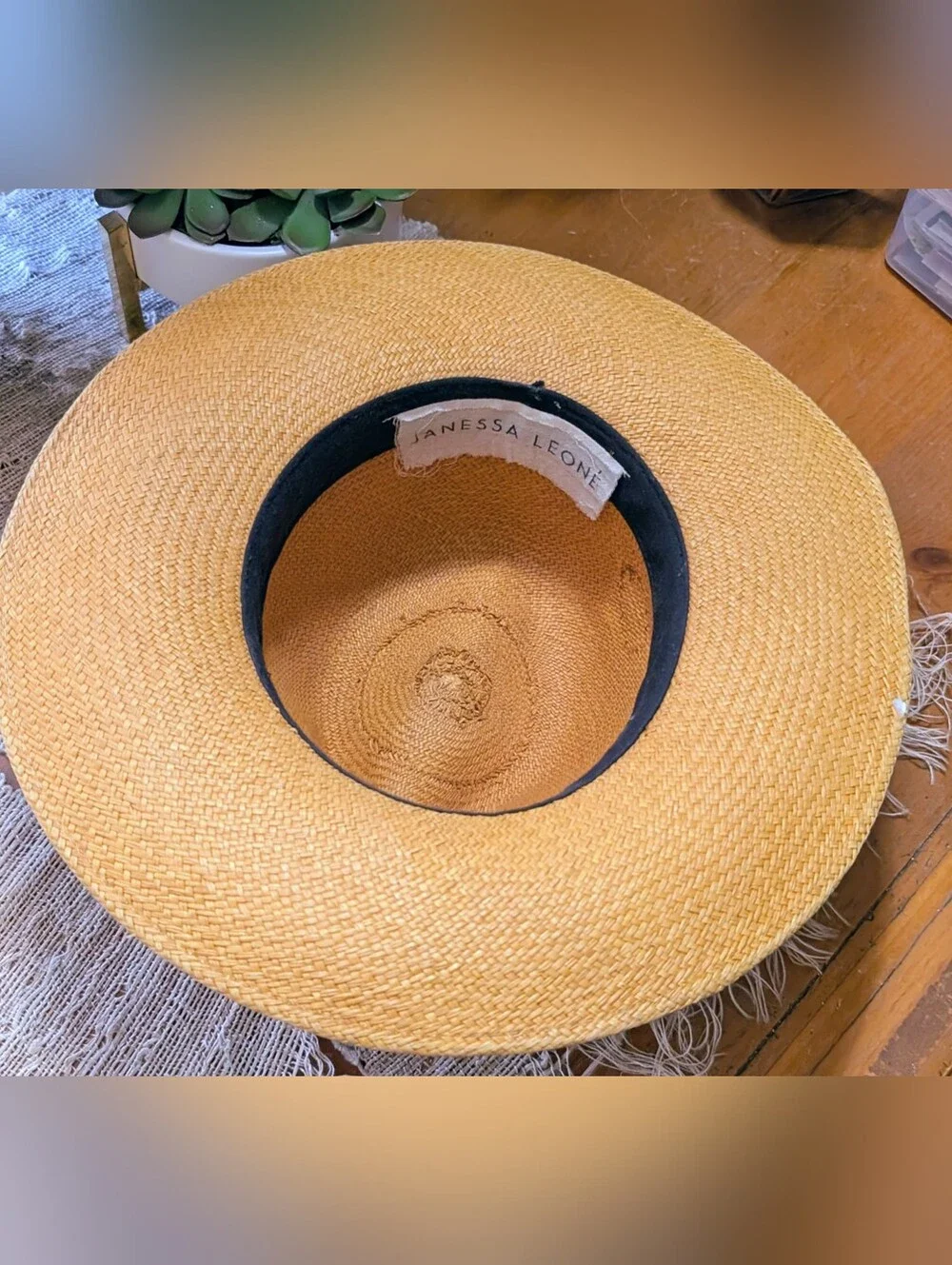 Janessa Leone ‘Panton’ Tan Straw Hat with  Lamb Leather Band DAMAGE/READ